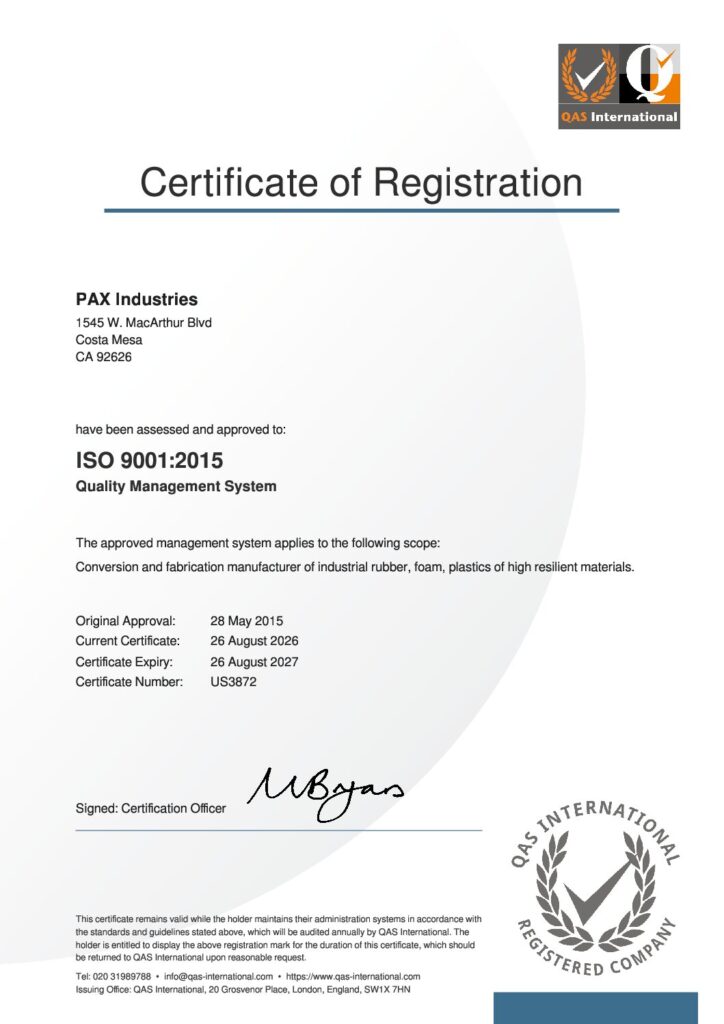 PAX Industries ISO 9001:2015 Certificate of Registration, QAS International, valid through 26 August 2027